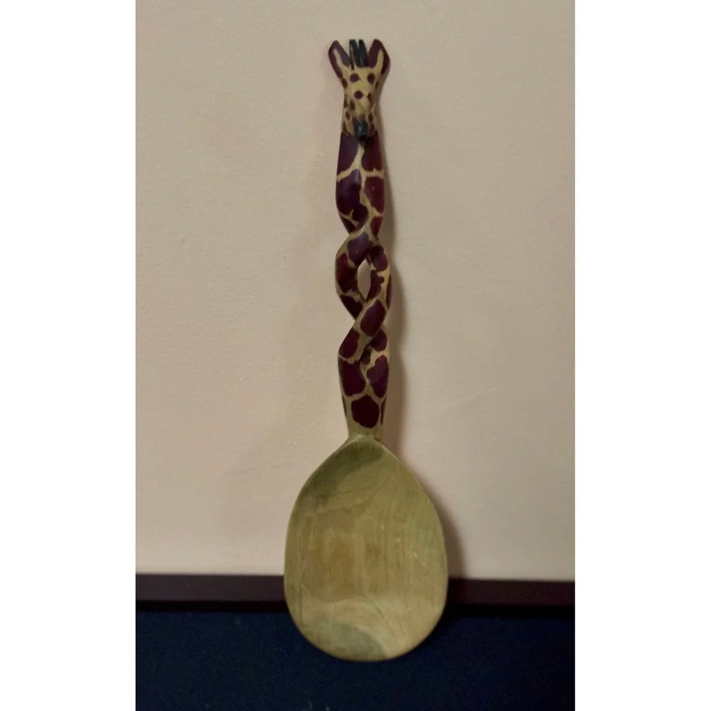 Hand Carved Wooden Giraffe Salad Server Set African Theme Spoon Fork 12 Inch